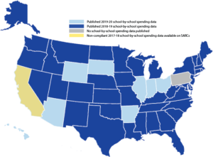 A US map color coding the 50 states based on the latest published school by school spending data by year. California in yellow has a 2017-2018 school by school spending data and Pennsylvania in grey has no school by school spending data. Wyoming, South Dakota, Illinois, Indiana, Ohio, Arizona, Arkansas, and Hawaii are in a light blue and have a 2019-2020 school by school spending data while the rest of the US state have a 2018-2019 school by school spending data.
