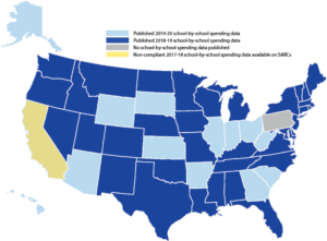 A US map color coding the 50 states based on the latest published school by school spending data by year. California in yellow has a 2017-2018 school by school spending data and Pennsylvania in grey has no school by school spending data. Wyoming, South Dakota, Illinois, Indiana, Ohio, Arizona, Arkansas, and Hawaii are in a light blue and have a 2019-2020 school by school spending data while the rest of the US state have a 2018-2019 school by school spending data.