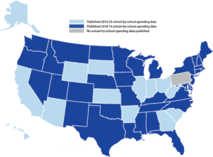 A US map color coding the 50 states based on the latest published school by school spending data by year. Pennsylvania in grey has no school by school spending data. Wyoming, South Dakota, Illinois, Indiana, Ohio, Arizona, Arkansas, and Hawaii are in a light blue and have a 2019-2020 school by school spending data while the rest of the US state have a 2018-2019 school by school spending data.