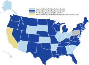 A US map color coding the 50 states based on the latest published school by school spending data by year. California in yellow has a 2017-2018 school by school spending data and Pennsylvania in grey has no school by school spending data. Wyoming, South Dakota, Illinois, Indiana, Ohio, Arizona, Arkansas, and Hawaii are in a light blue and have a 2019-2020 school by school spending data while the rest of the US state have a 2018-2019 school by school spending data.