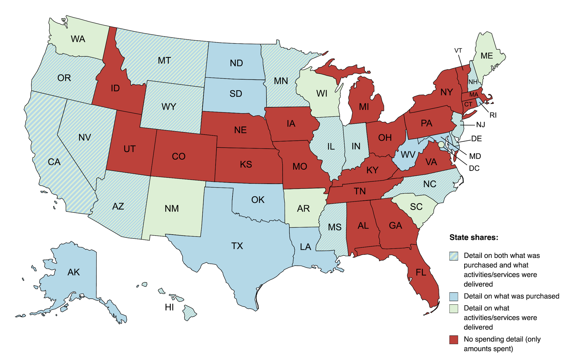 US map showing ESSER spending details as shown by state