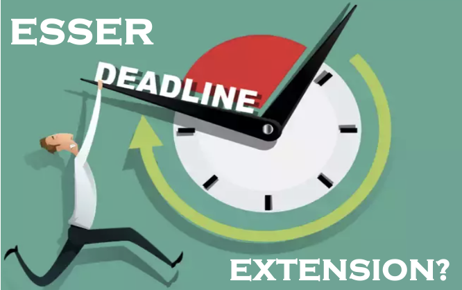 cartoon of man hanging onto hand of ESSER Deadline Extension clock
