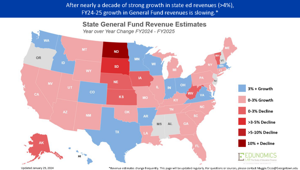 map showing state general fund revenue estimates for FY24-25