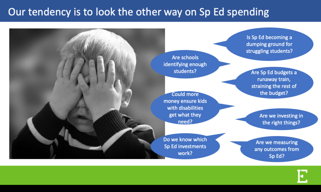 slide image with text: tendency to look the other way on Sp Ed spending