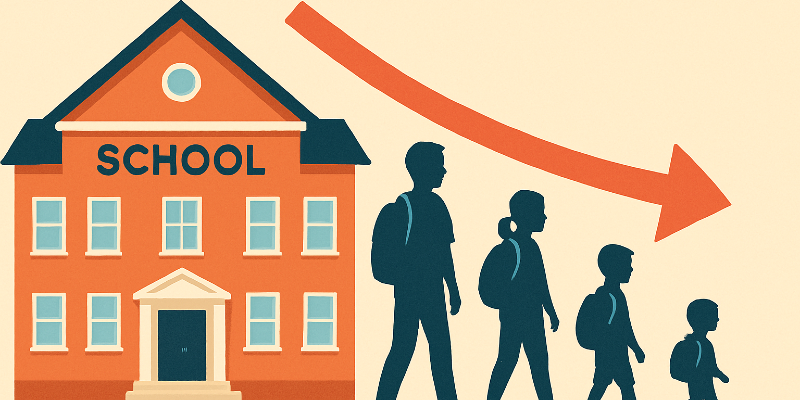 Illustration depicted figures walking away from a school; figures are decreasing in size (and age) with an arrow showing the downward trend above the figures.