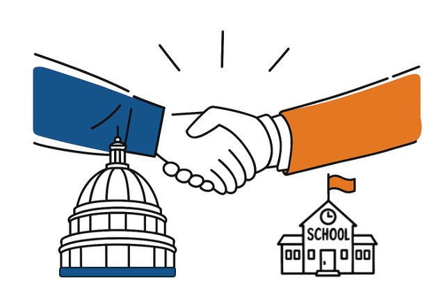 Illustrated hands shaking over illustrated depiction of the US Capitol and a school building.