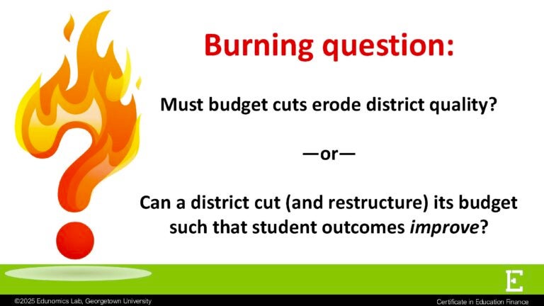 Illustration of question mark on fire, text reads "Burning question: Must budget cuts erode district quality?"