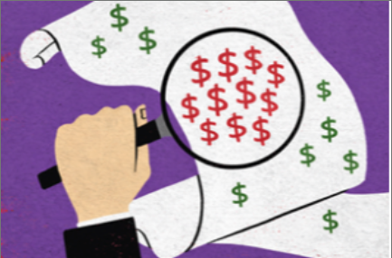 Illustration depicting person holding magnifying glass to a piece of paper to find lots of red dollar signs.